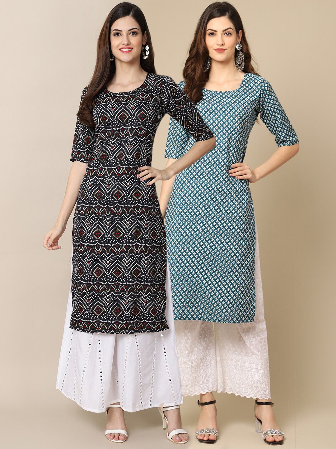 

Ethnic basket Women Pack Of 2 Black & Blue Geometric Printed Crepe Kurta