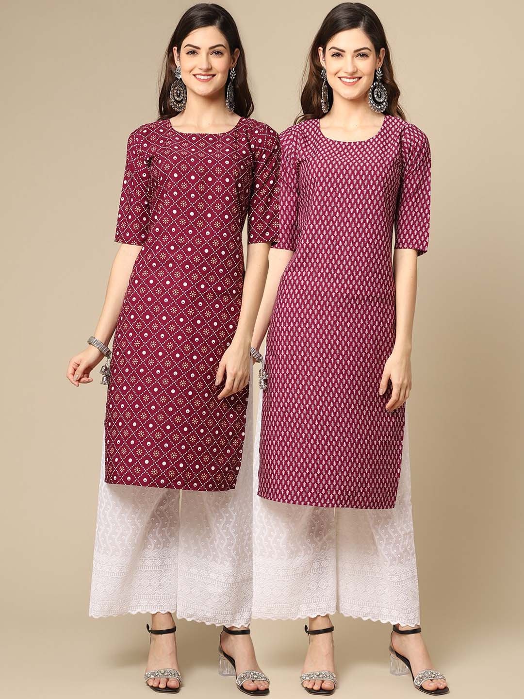 

Ethnic basket Women Pack Of 2 Burgundy Floral Printed Block Print Crepe Kurta