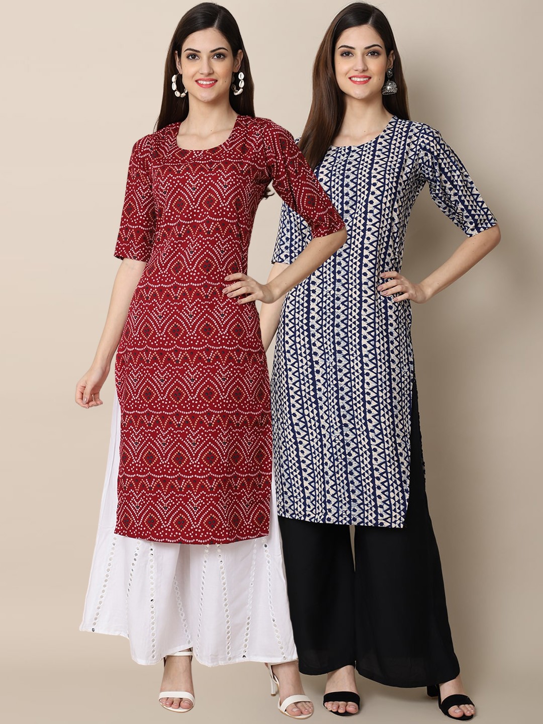

Ethnic basket Women Pack Of 2 Red & Blue Ethnic Motifs Printed Block Print Crepe Kurta