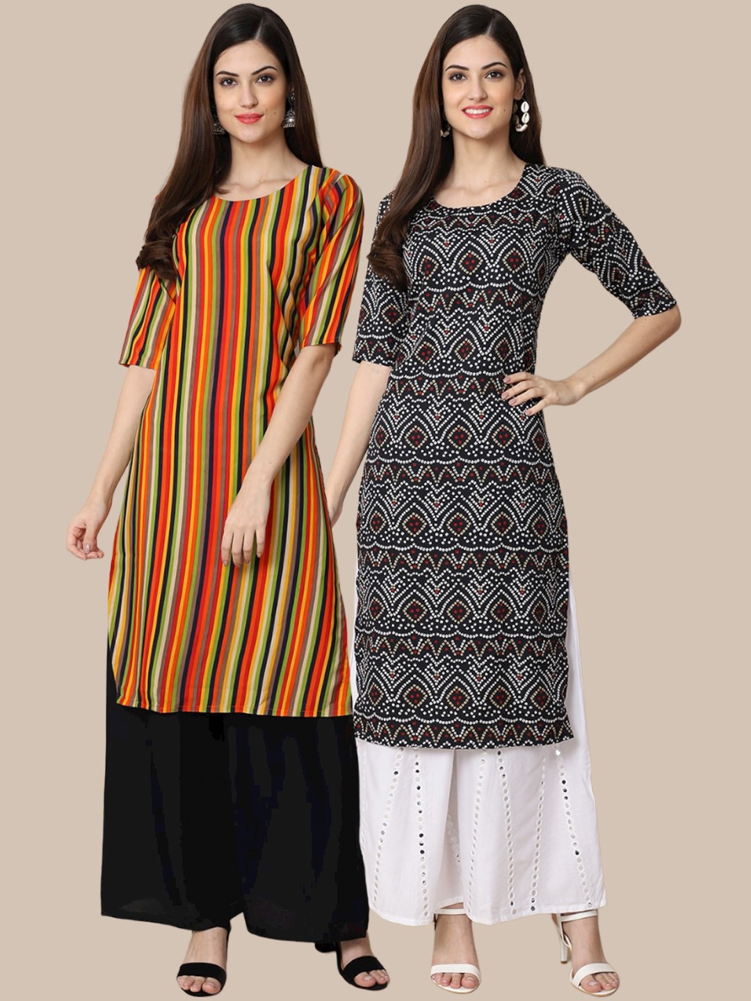 

Ethnic basket Women Pack Of 2 Multicoloured Striped Block Print Crepe Kurta, Multi