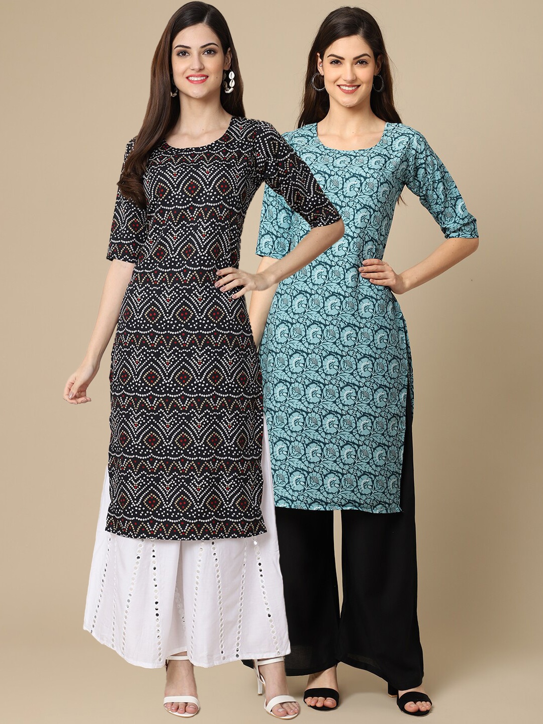 

Ethnic basket Women Pack Of 2 Black & Blue Floral Printed Block Print Crepe Kurta