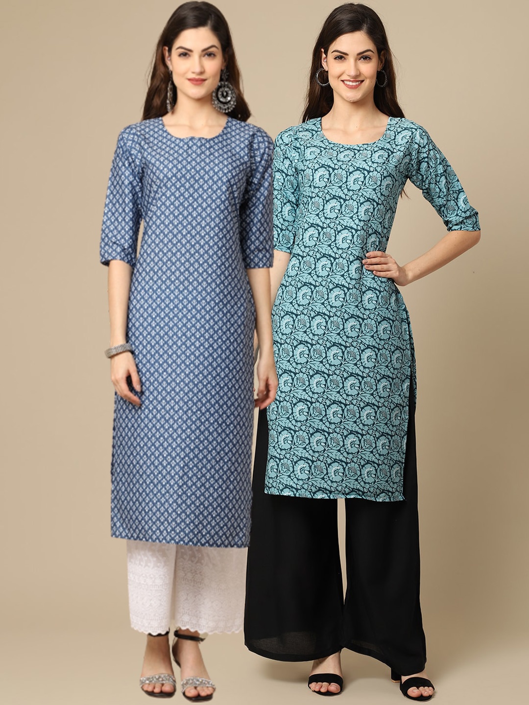 

Ethnic basket Women Pack Of 2 Blue Floral Printed Block Print Crepe Kurta