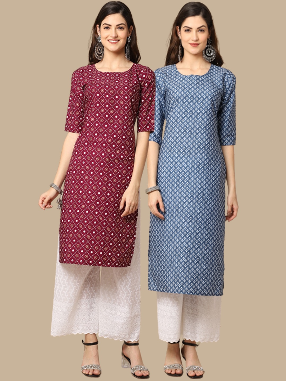 

Ethnic basket Women Pack Of 2 Violet & Blue Floral Printed Block Print Crepe Kurta