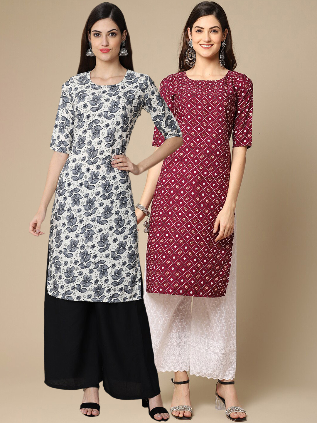 

Ethnic basket Women White & Magenta Pack of 2 Geometric Printed Crepe Kurta