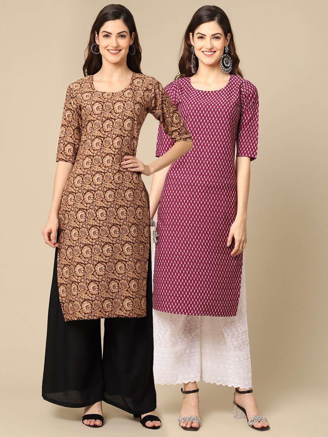 

Ethnic basket Women White & Brown Pack of 2 Geometric Printed Crepe Kurta