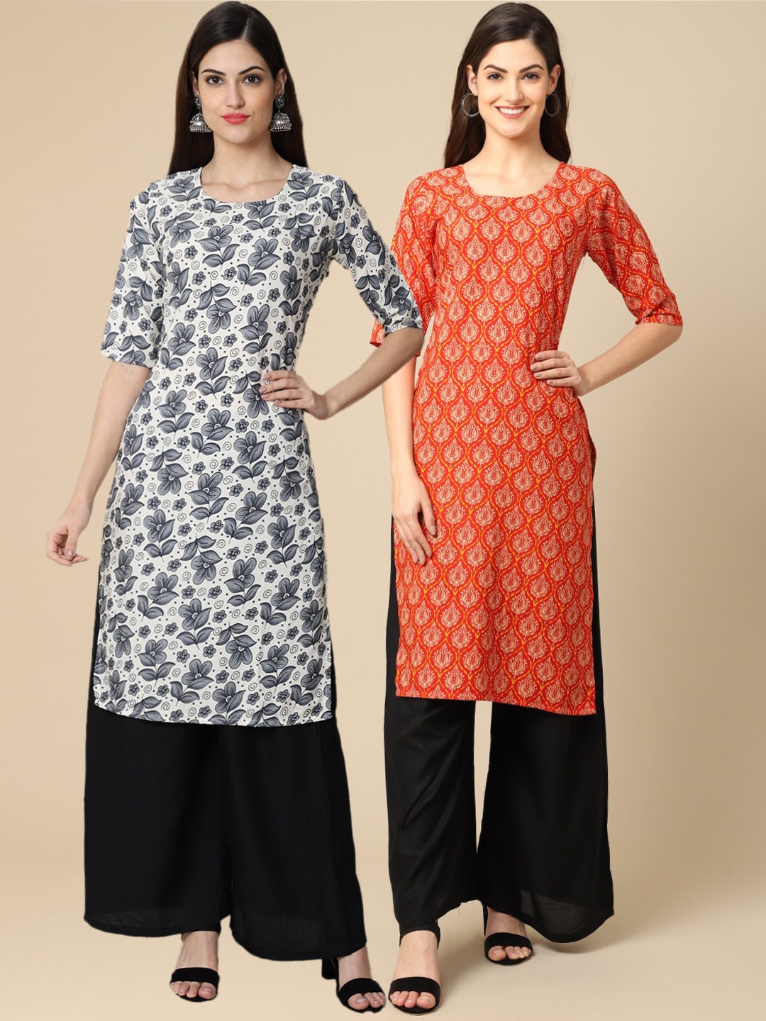 Ethnic basket Women White & Grey Pack of 2 Geometric Printed Crepe Kurta