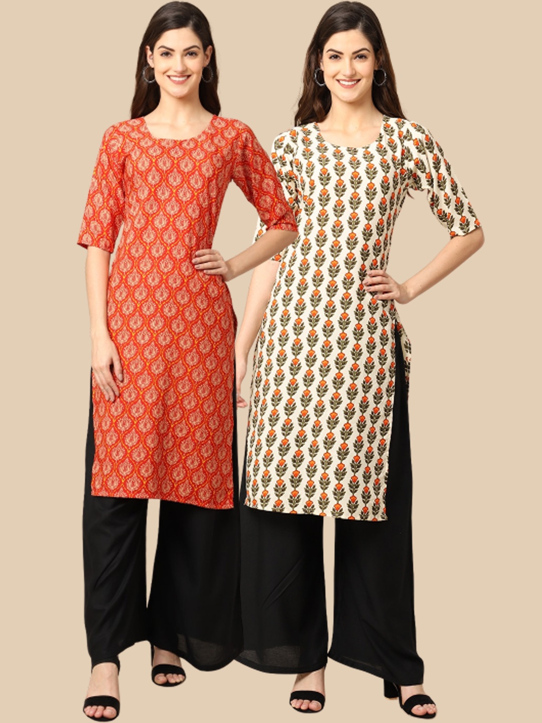 

Ethnic basket Women Pack Of 2 Orange Ethnic Motifs Printed Block Print Crepe Kurta
