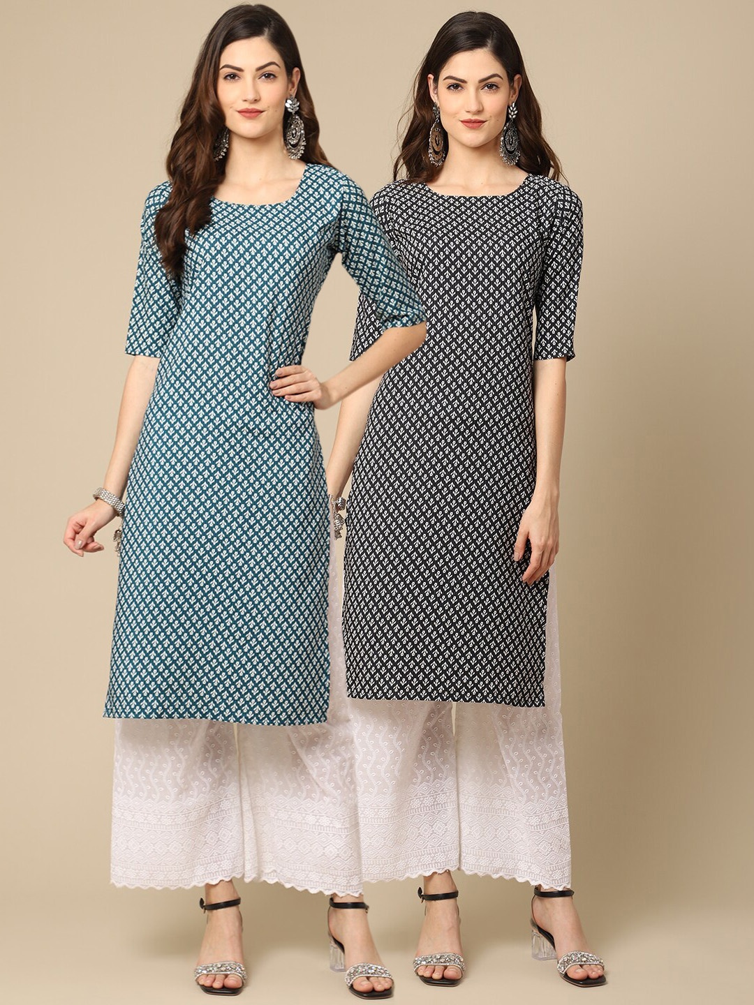 

Ethnic basket Women White & Green Pack of 2 Geometric Printed Crepe Kurta