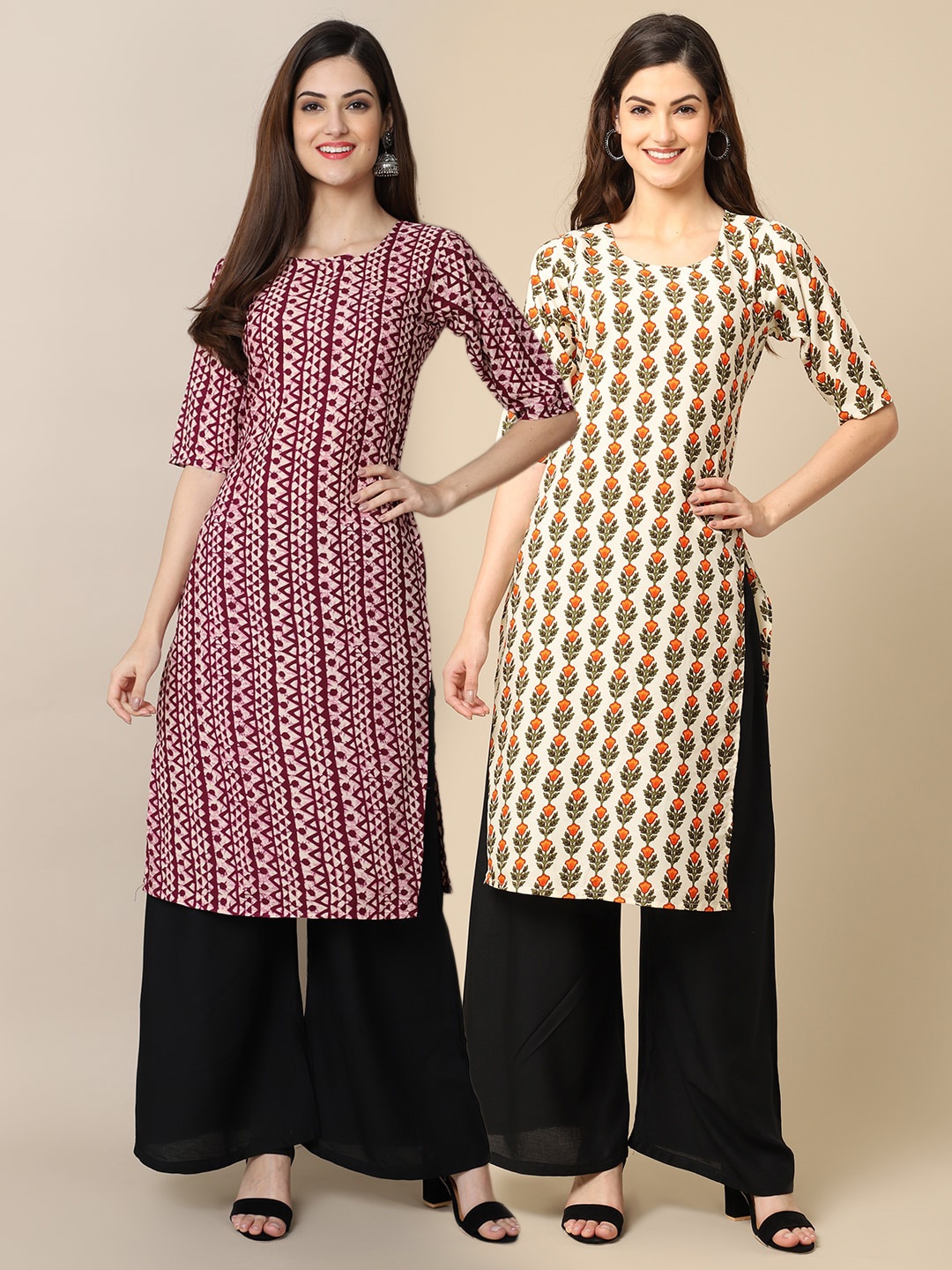 

Ethnic basket Women Beige & Pink Pack of 2 Geometric Crepe Kurta