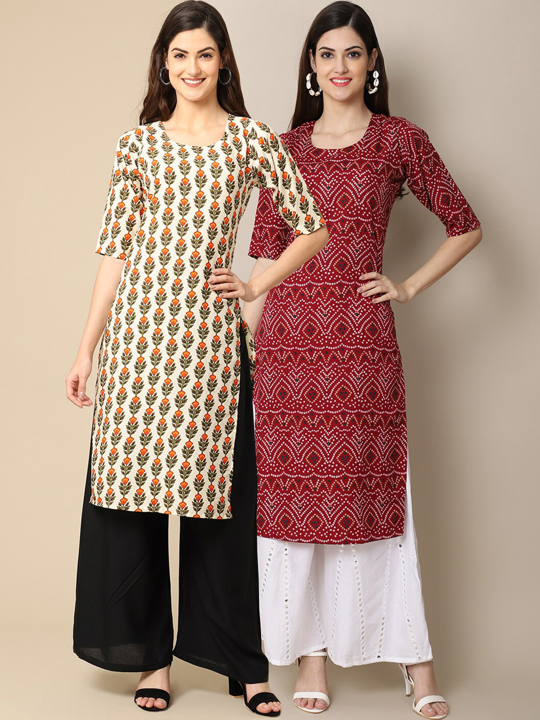

Ethnic basket Women Beige & Maroon Pack of 2 Geometric Crepe Kurta