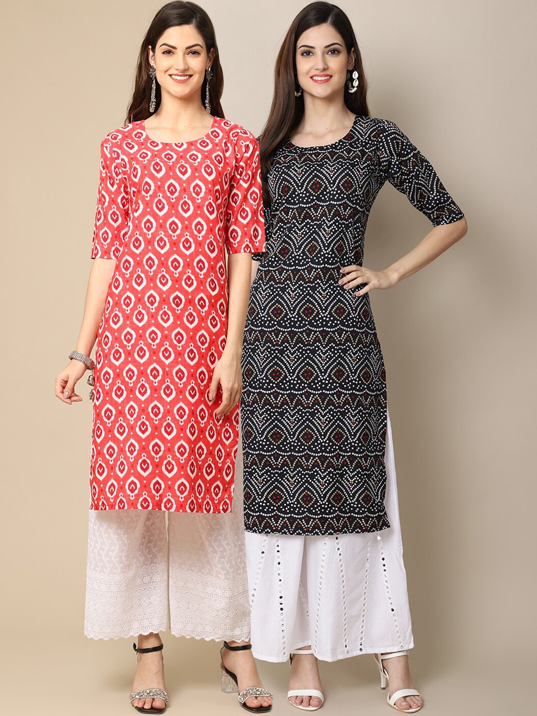 

Ethnic basket Women White & Black Pack of 2 Geometric Printed Crepe Kurta