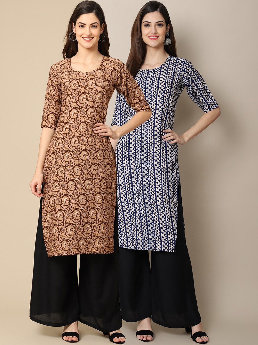 

Ethnic basket Women White & Navy Blue Pack of 2 Geometric Printed Crepe Kurta