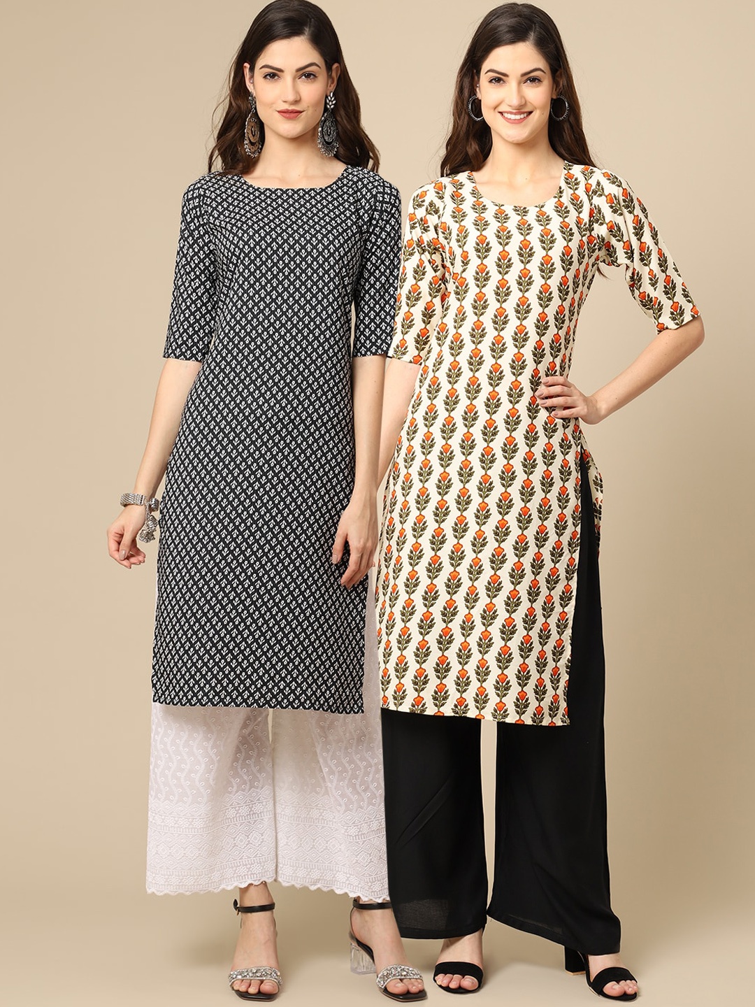 

Ethnic basket Women Pack Of 2 Black & Off White Floral Printed Block Print Crepe Kurta