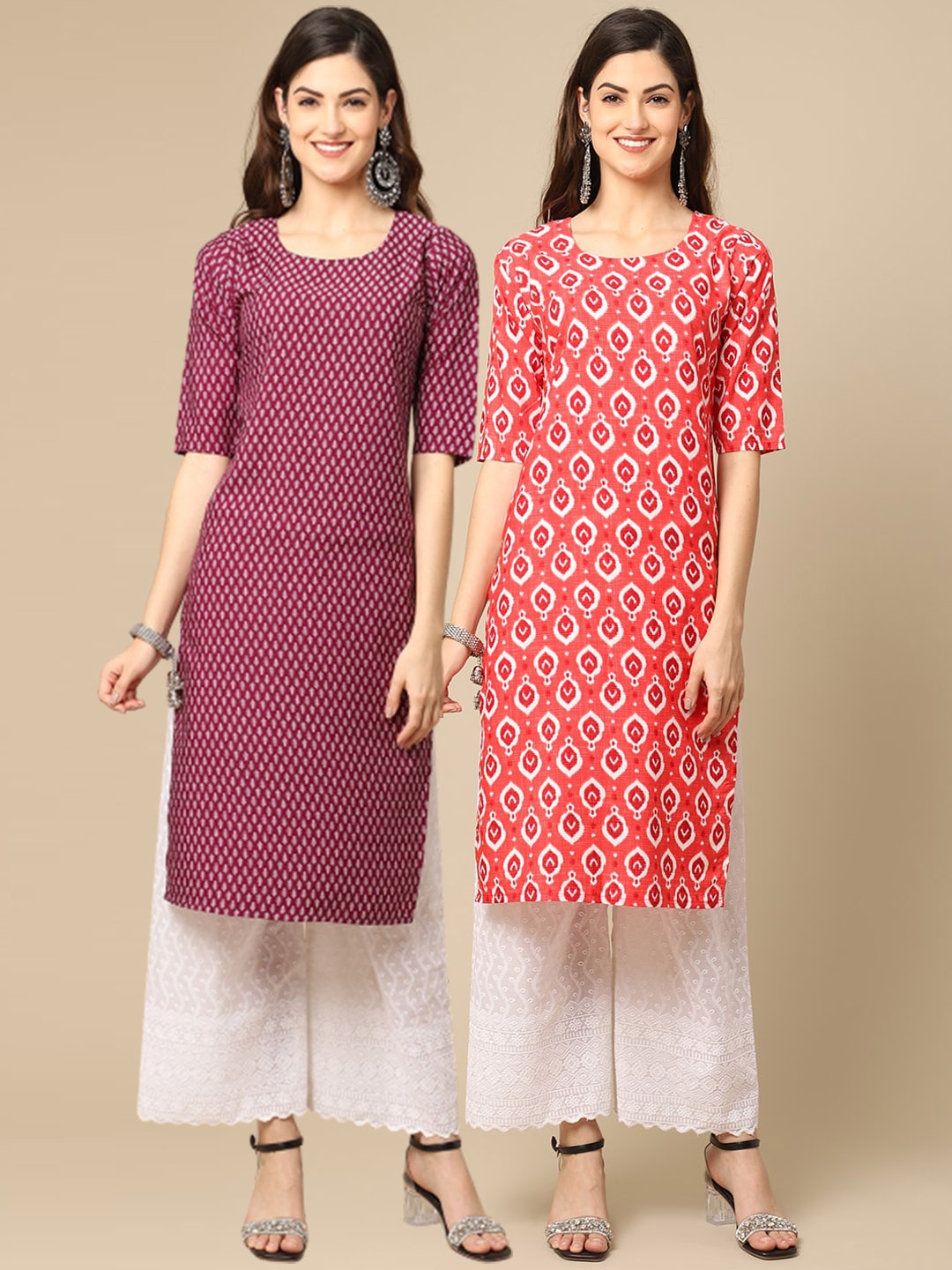 

Ethnic basket Women Pack Of 2 Violet & Peach Floral Printed Block Print Crepe Kurta