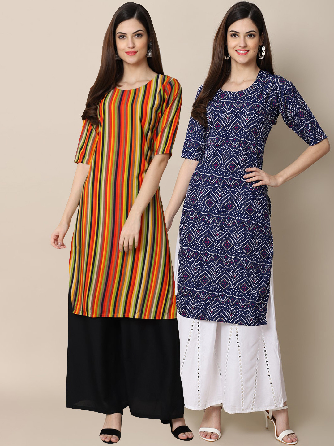 

Ethnic basket Women Pack Of 2 Multicoloured Striped Block Print Crepe Kurta, Multi