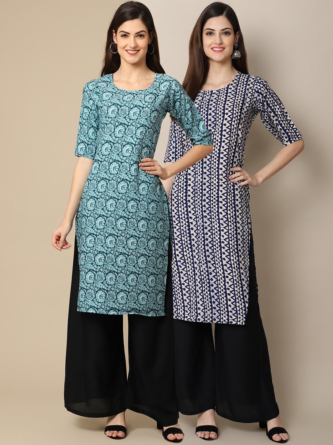 

Ethnic basket Women White & Green Pack of 2 Geometric Printed Crepe Kurta