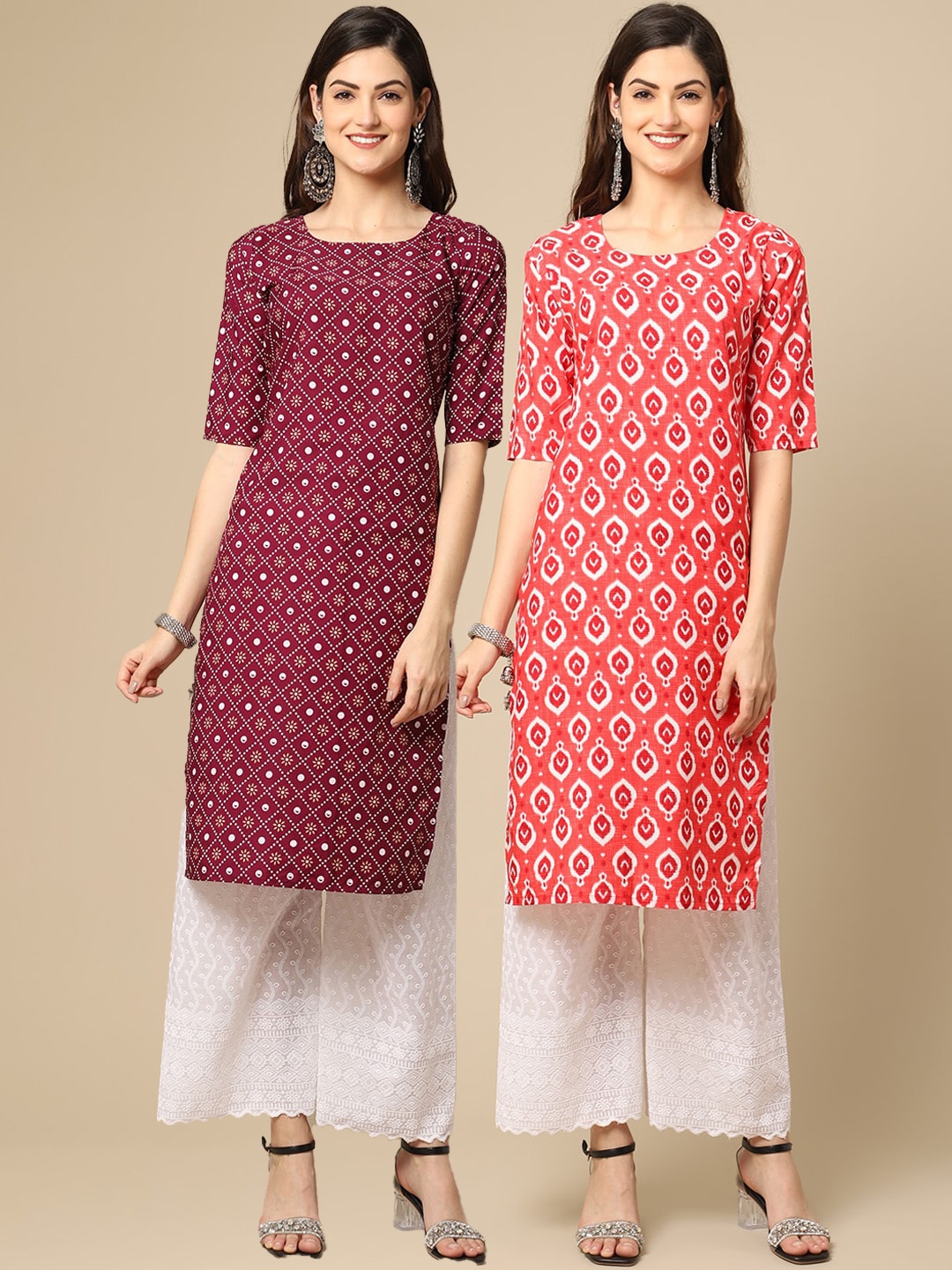 

Ethnic basket Women Pack Of 2 Violet & Peach-Coloured Floral Printed Crepe Kurta
