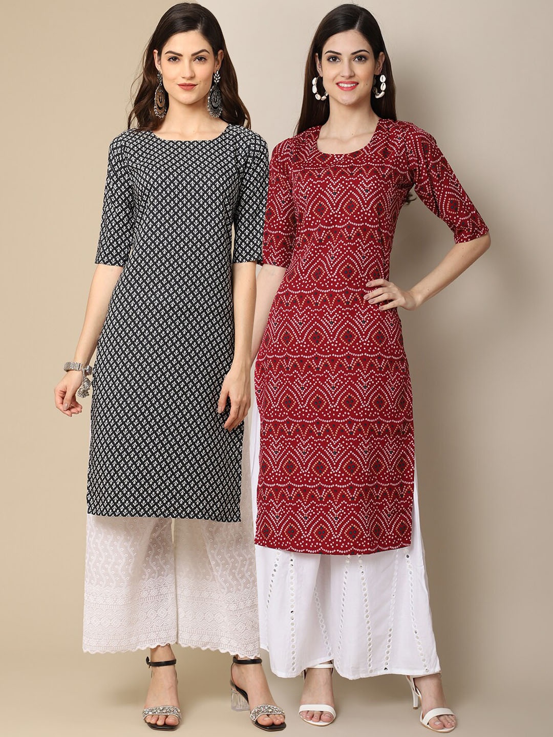 Ethnic basket Women Pack Of 2 Red & Black Printed Crepe Kurta