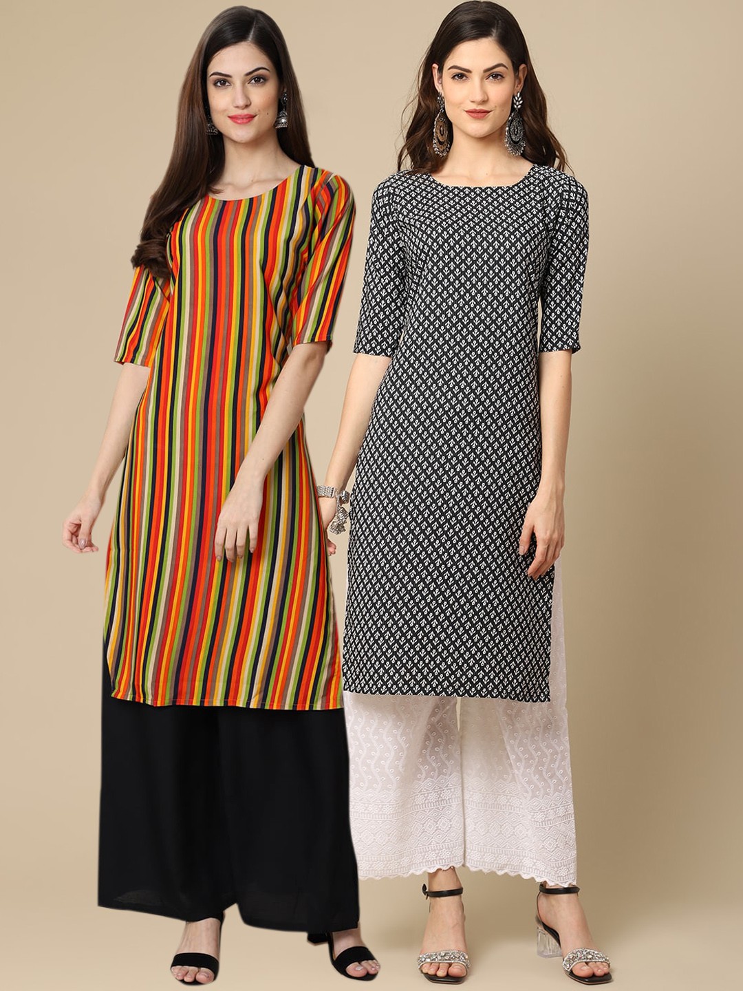 

Ethnic basket Women Pack Of 2 Black & Orange Printed Crepe Kurta