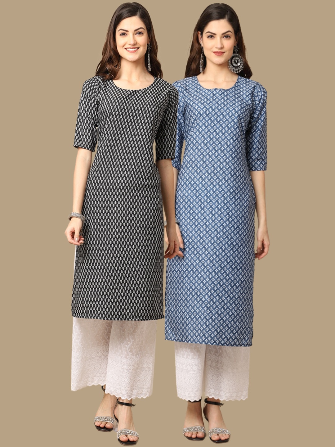 

Ethnic basket Women Pack of 2 Ethnic Motifs Printed Straight Fit Crepe Kurta, Black
