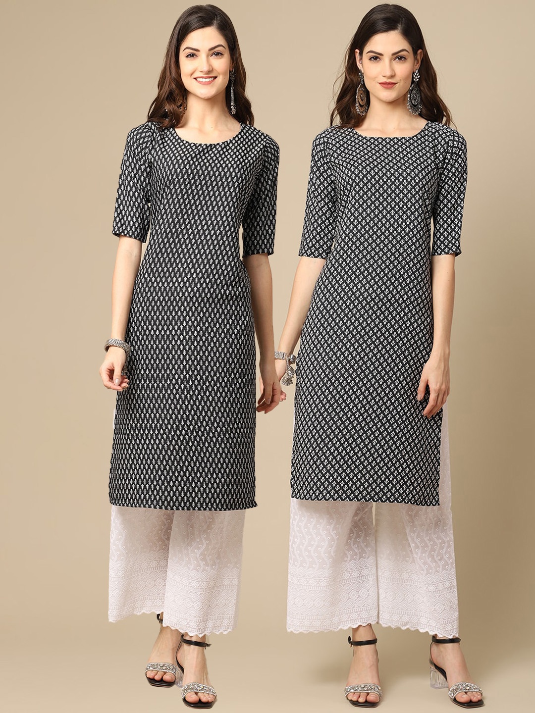 

Ethnic basket Women Pack of 2 Ethnic Motifs Printed Straight Fit Crepe Kurta, Black