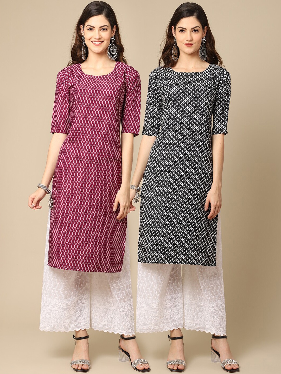 

Ethnic basket Women Pack Of 2 Maroon & Black Printed Crepe Kurta