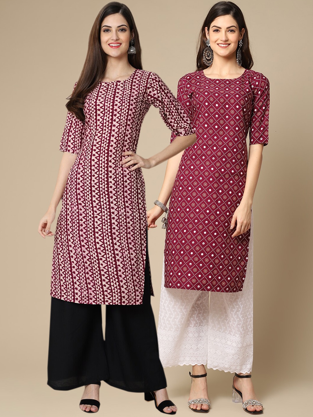 

Ethnic basket Women Pack Of 2 Maroon & White Printed Crepe Kurta