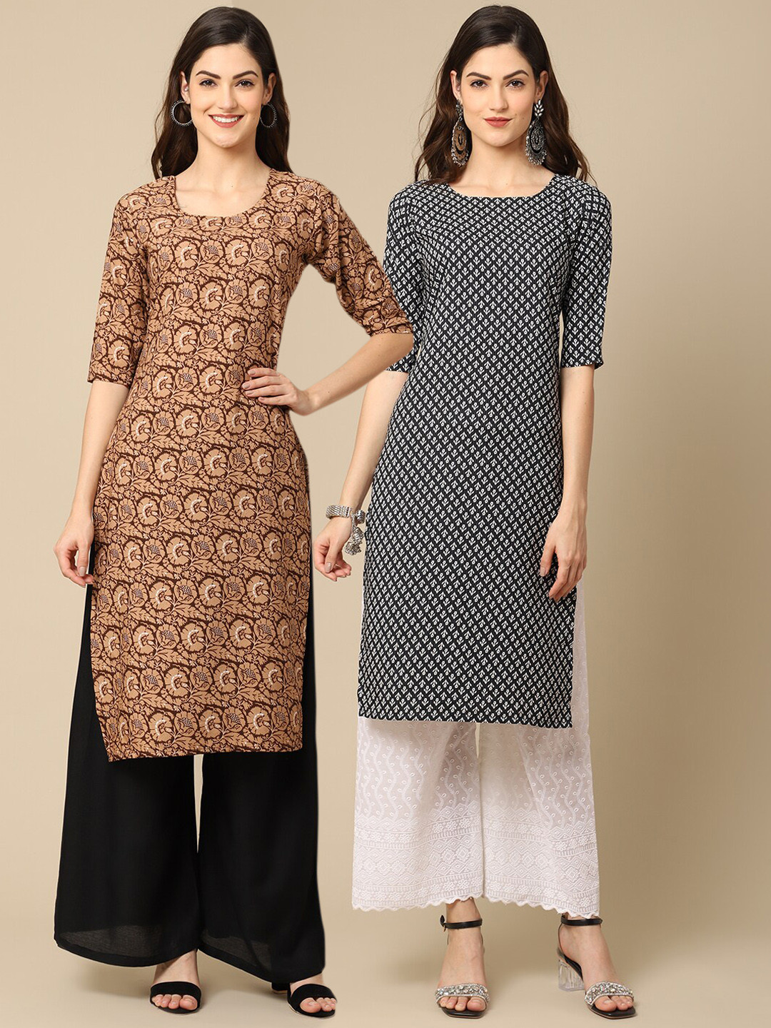 

Ethnic basket Women Pack Of 2 Black & Beige Printed Crepe Kurta