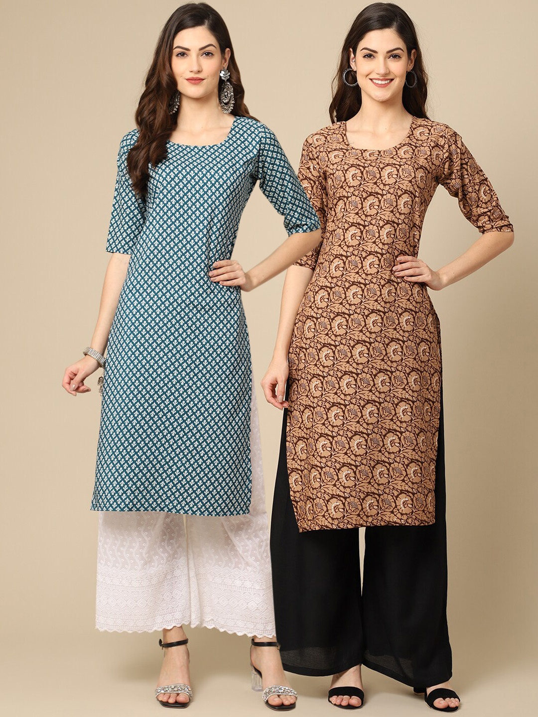 

Ethnic basket Women Pack Of 2 Blue & Beige Printed Crepe Kurta