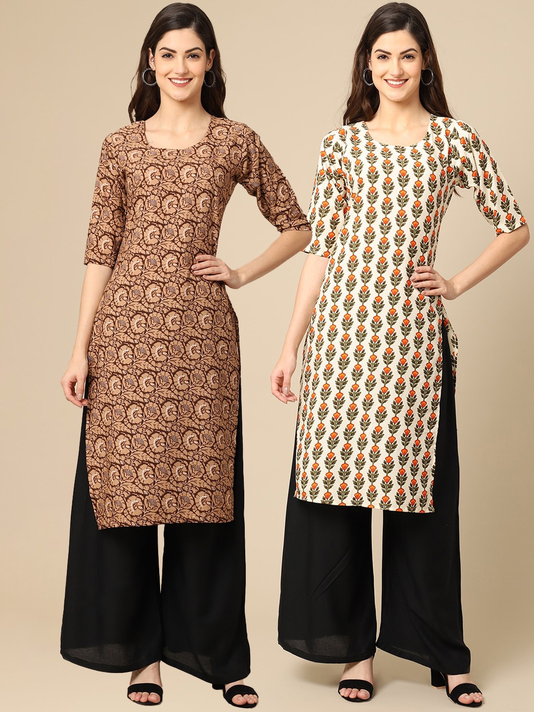 

Ethnic basket Women Pack of 2 Ethnic Motifs Printed Crepe Kurta, Brown
