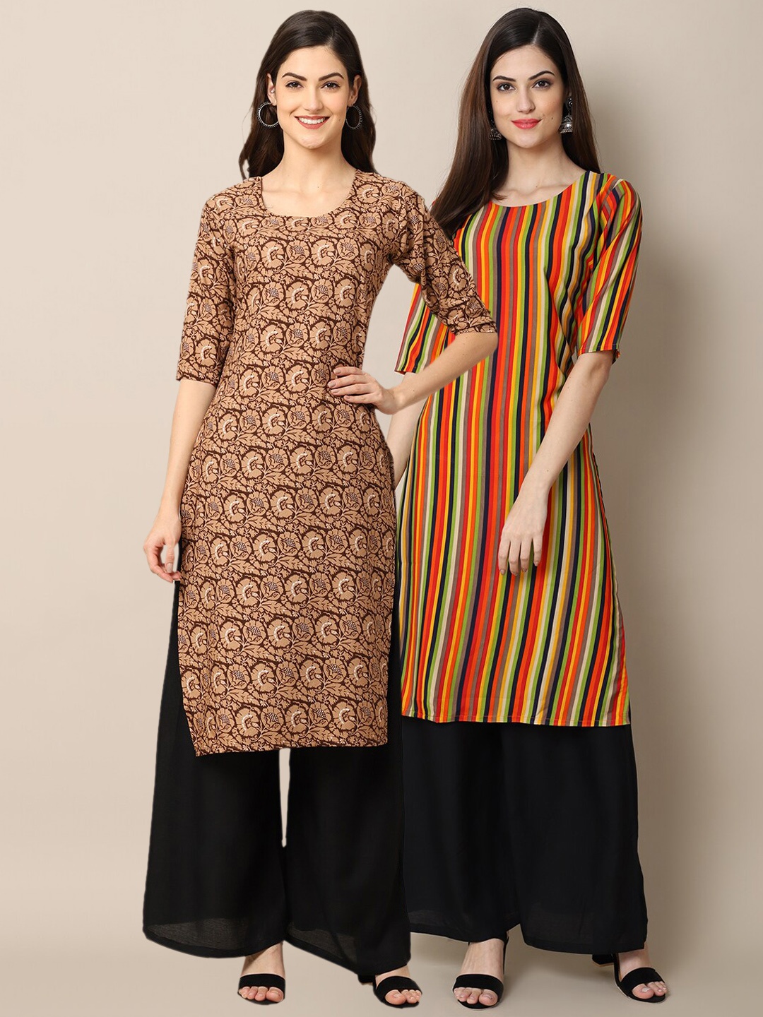 

Ethnic basket Women Pack Of 2 Beige & Orange Printed Crepe Kurta