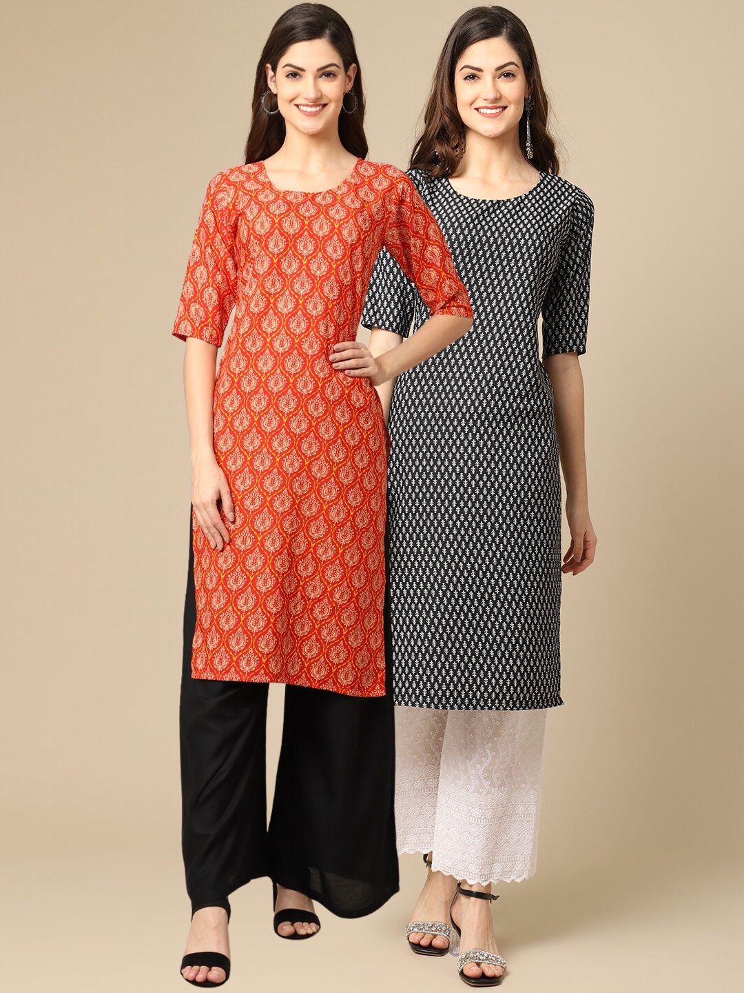 

Ethnic basket Women Pack Of 2 Orange & Black Geometric Printed Block Print Crepe Kurta