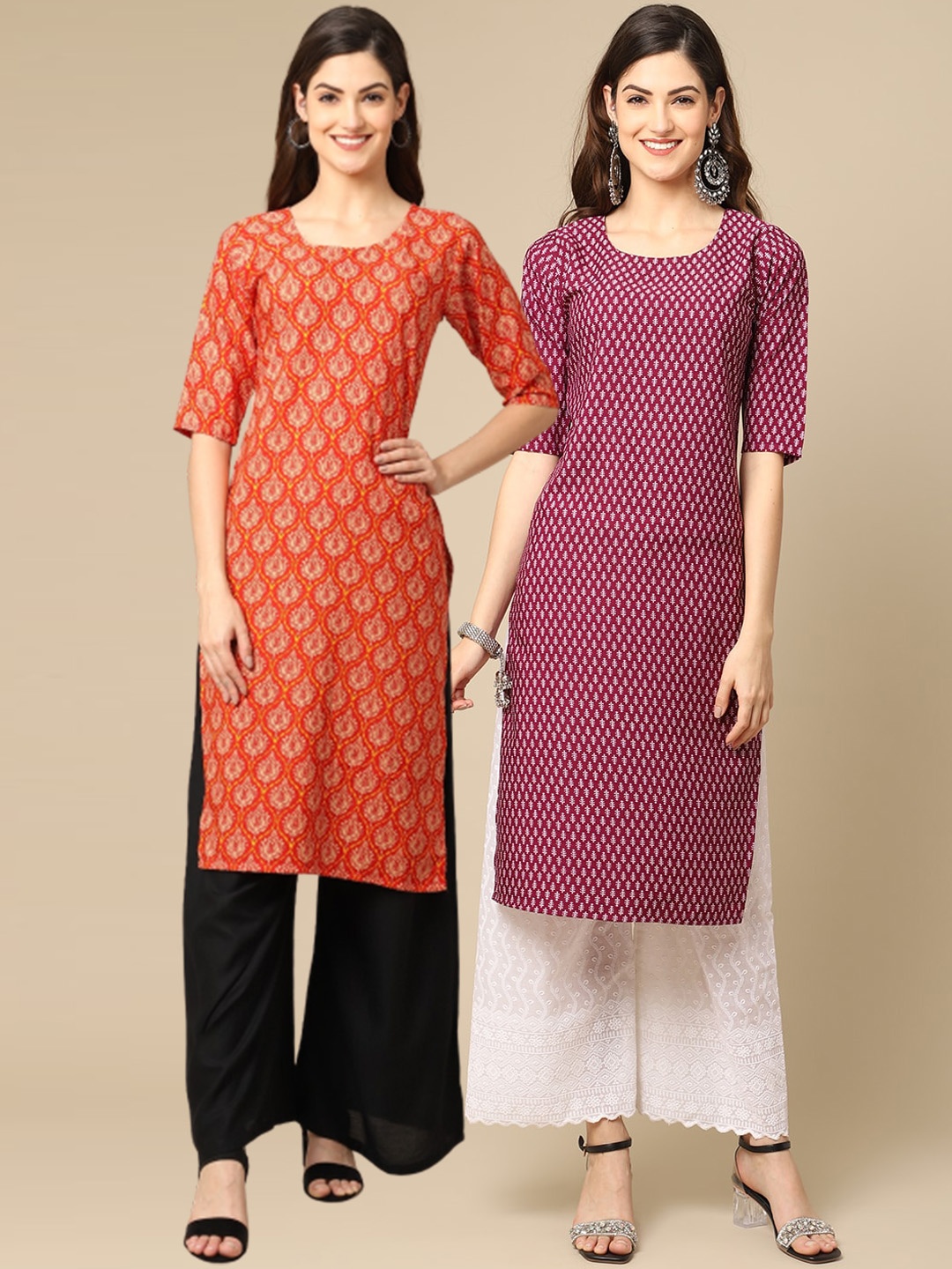 

Ethnic basket Women Pack of 2 Ethnic Motifs Printed Crepe Kurta, Orange