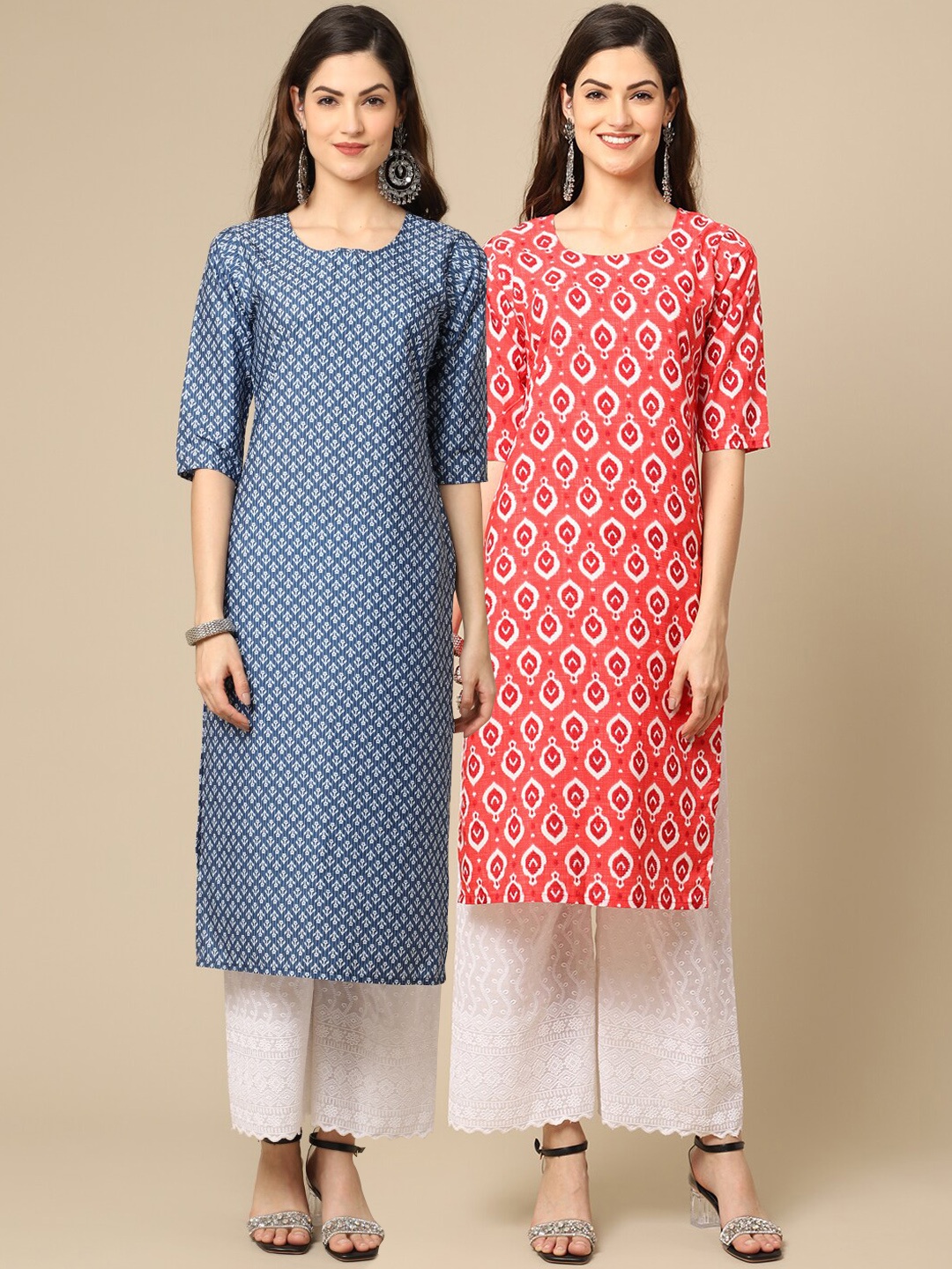

Ethnic basket Women Pack Of 2 Blue & Coral Geometric Printed Block Print Crepe Kurta