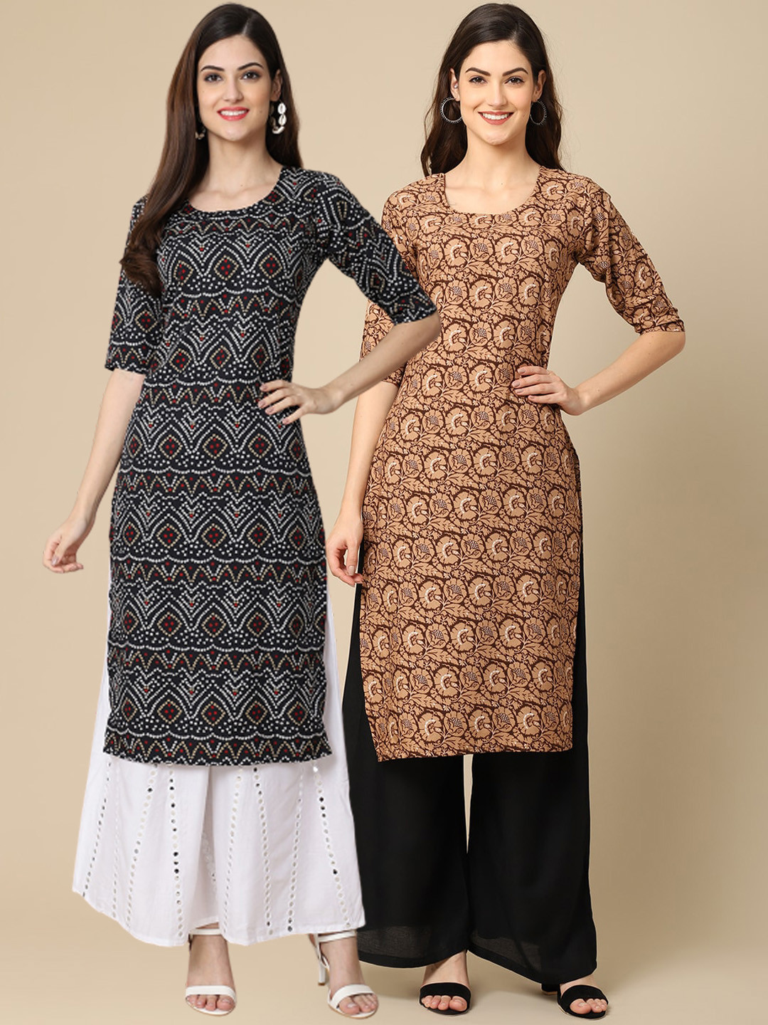 

Ethnic basket Women Pack of 2 Ethnic Motifs Printed Crepe Kurta, Black
