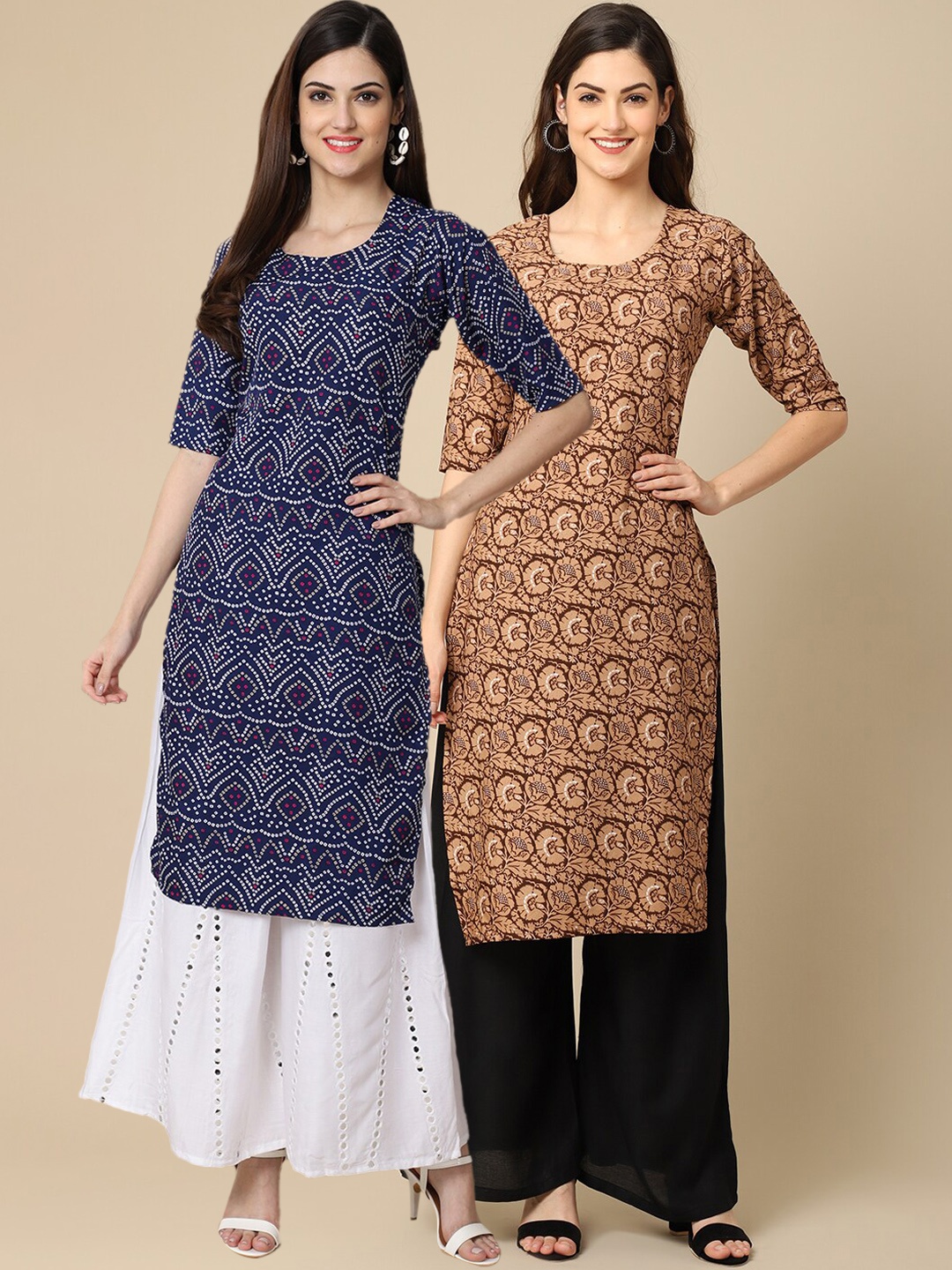 

Ethnic basket Women Pack Of 2 Navy Blue & Beige Geometric Printed Block Print Crepe Kurta