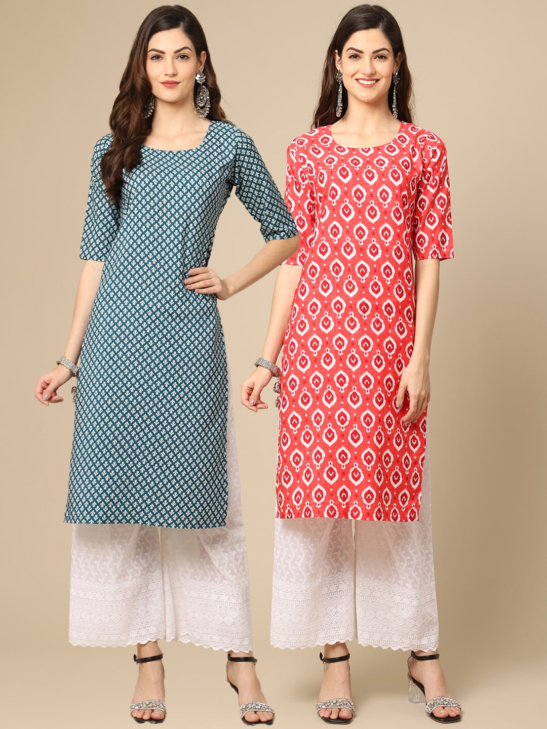 

Ethnic basket Women Pack of 2 Ethnic Motifs Printed Crepe Kurta, Green