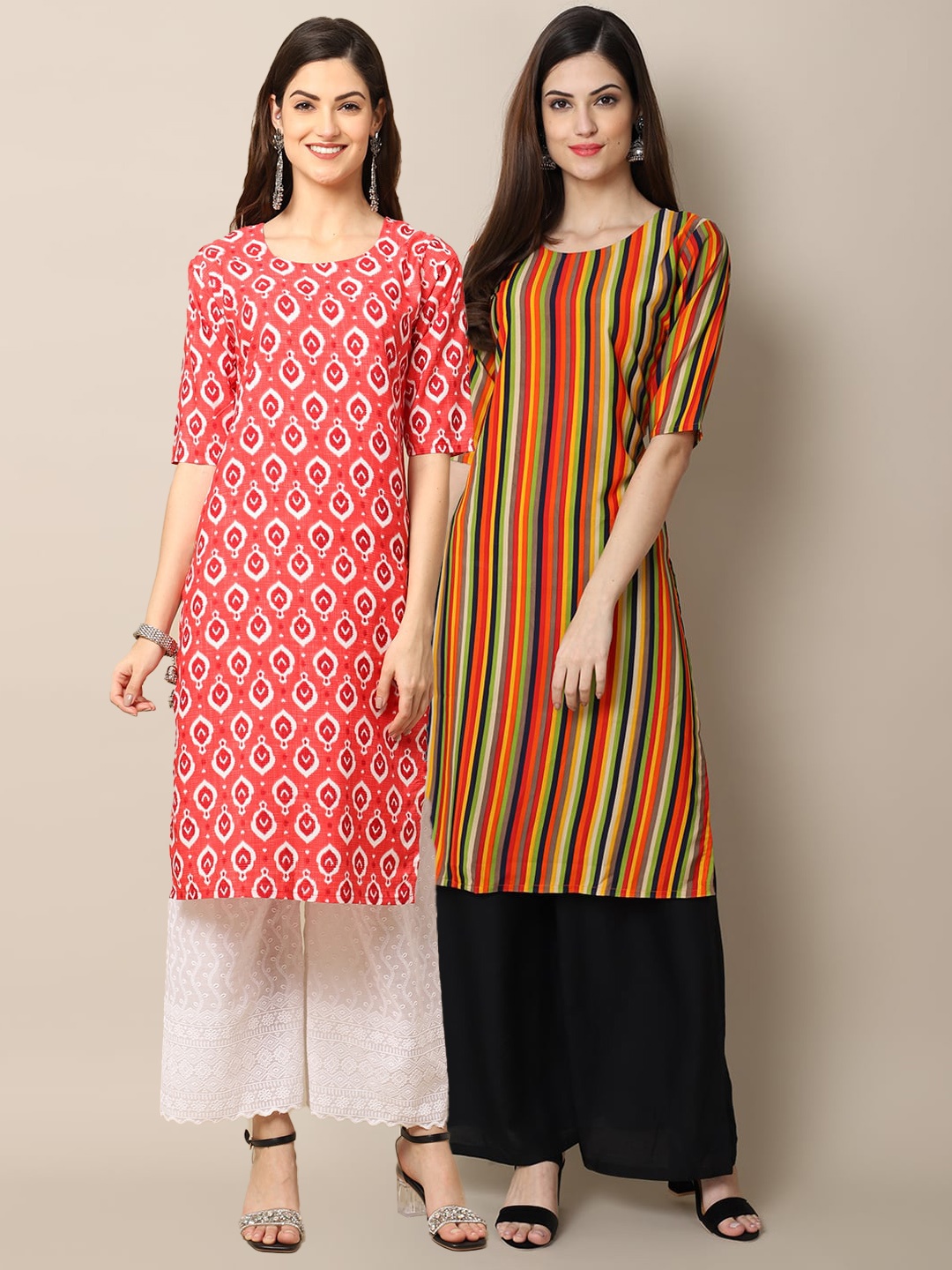 

Ethnic basket Women Pack Of 2 Coral & Orange Geometric Printed Block Print Crepe Kurta