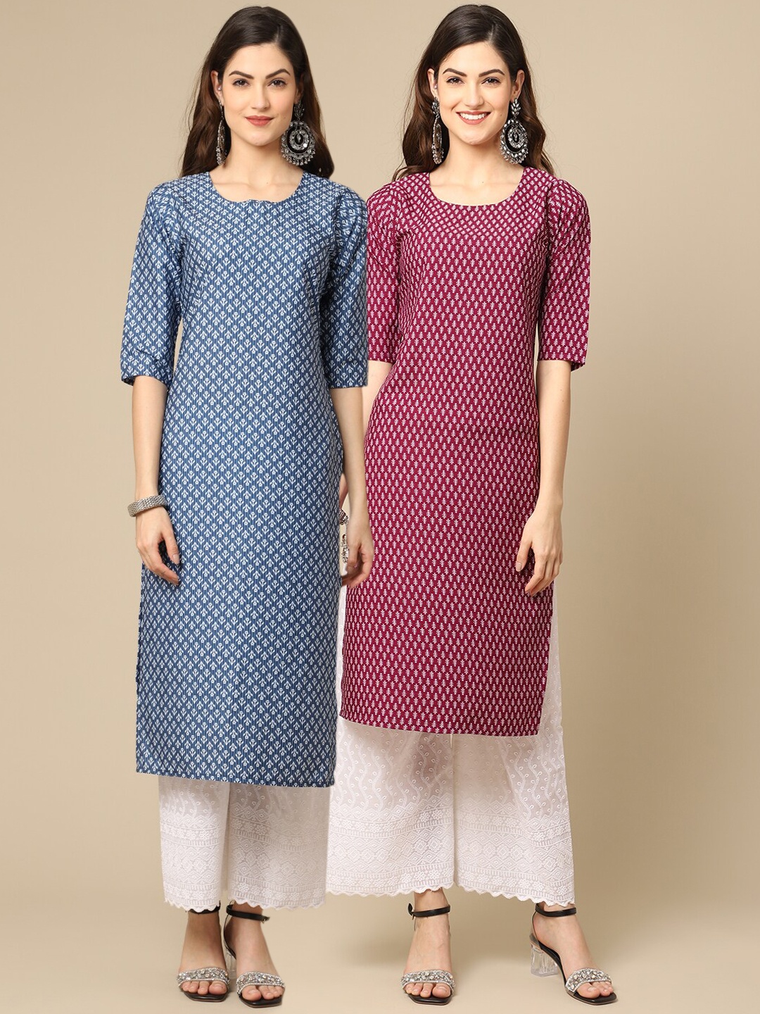 

Ethnic basket Women Pack Of 2 Teal & Maroon Printed Block Print Crepe Kurta