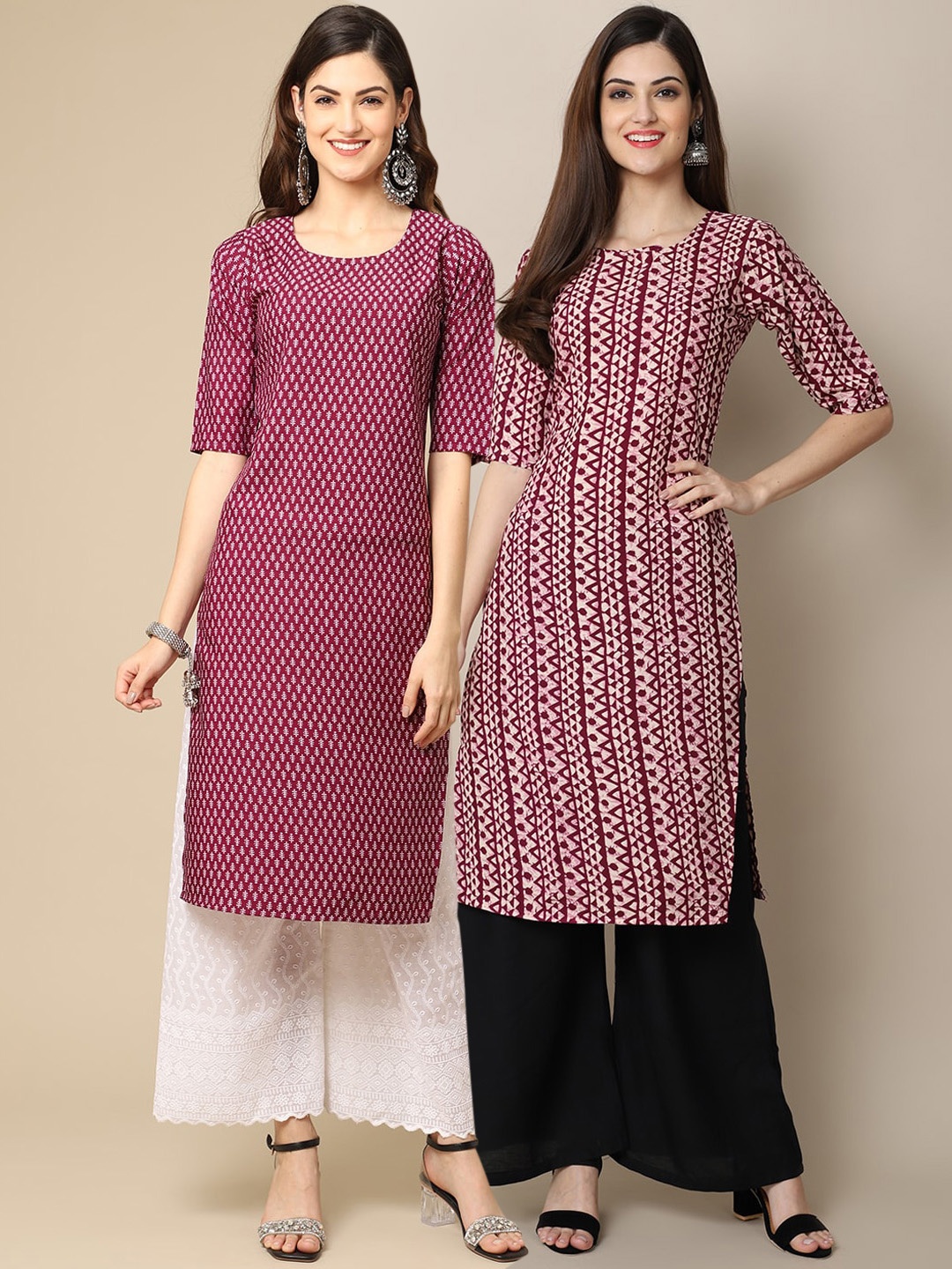 

Ethnic basket Women Pack Of 2 Maroon Geometric Printed Block Print Crepe Kurta