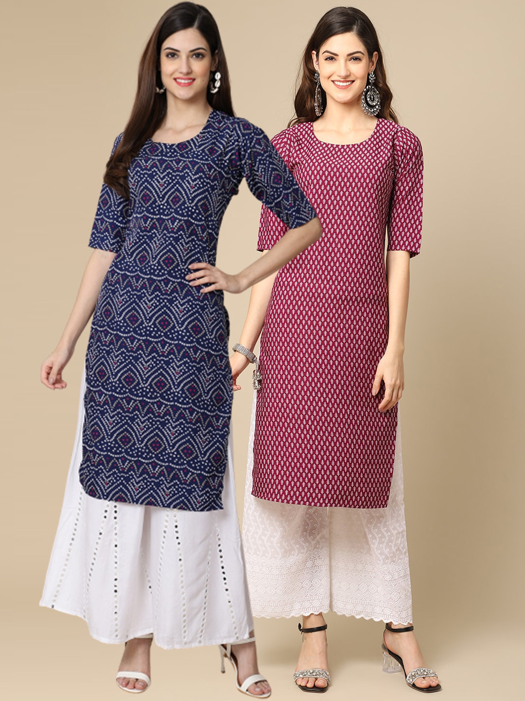 

Ethnic basket Women Pack of 2 Ethnic Motifs Printed Crepe Kurta, Navy blue