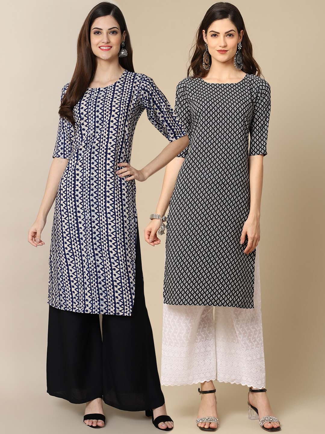 

Ethnic basket Women Pack Of 2 Navy Blue & Black Geometric Printed Block Print Crepe Kurta
