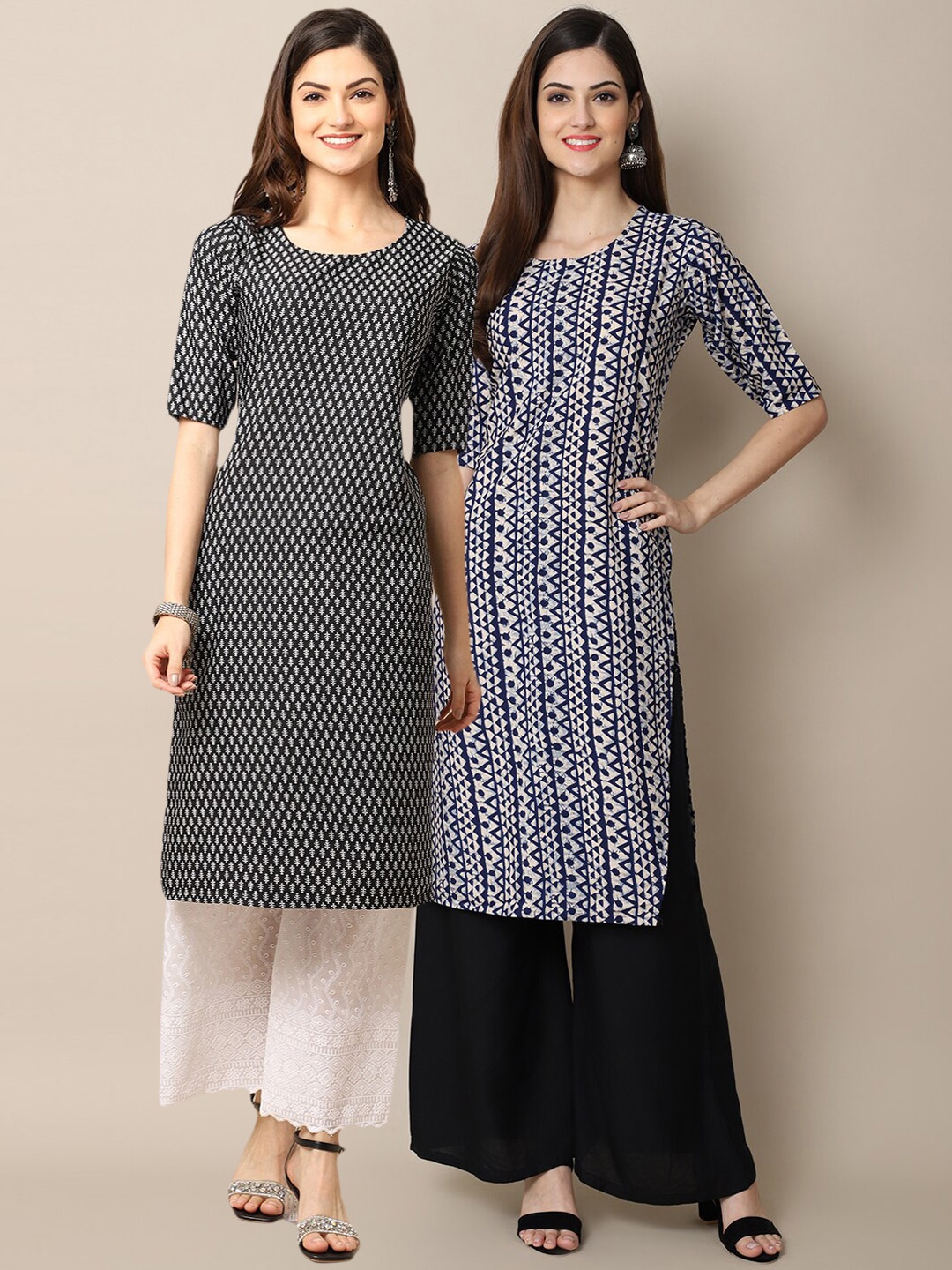 

Ethnic basket Women Pack Of 2 Black & White Ethnic Motifs Printed Crepe Kurta