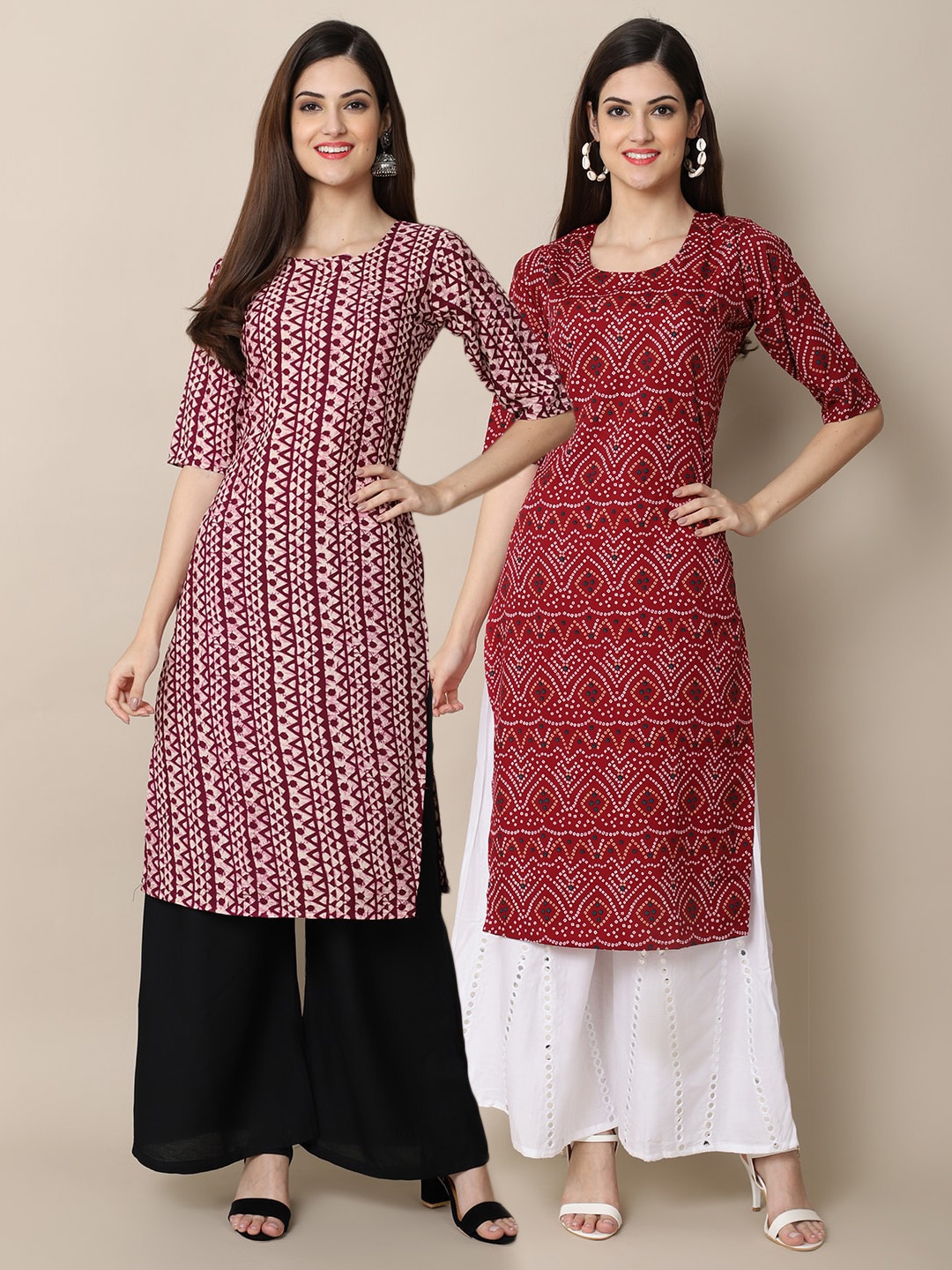 

Ethnic basket Women Pack Of 2 Maroon & White Ethnic Motifs Printed Crepe Kurtas