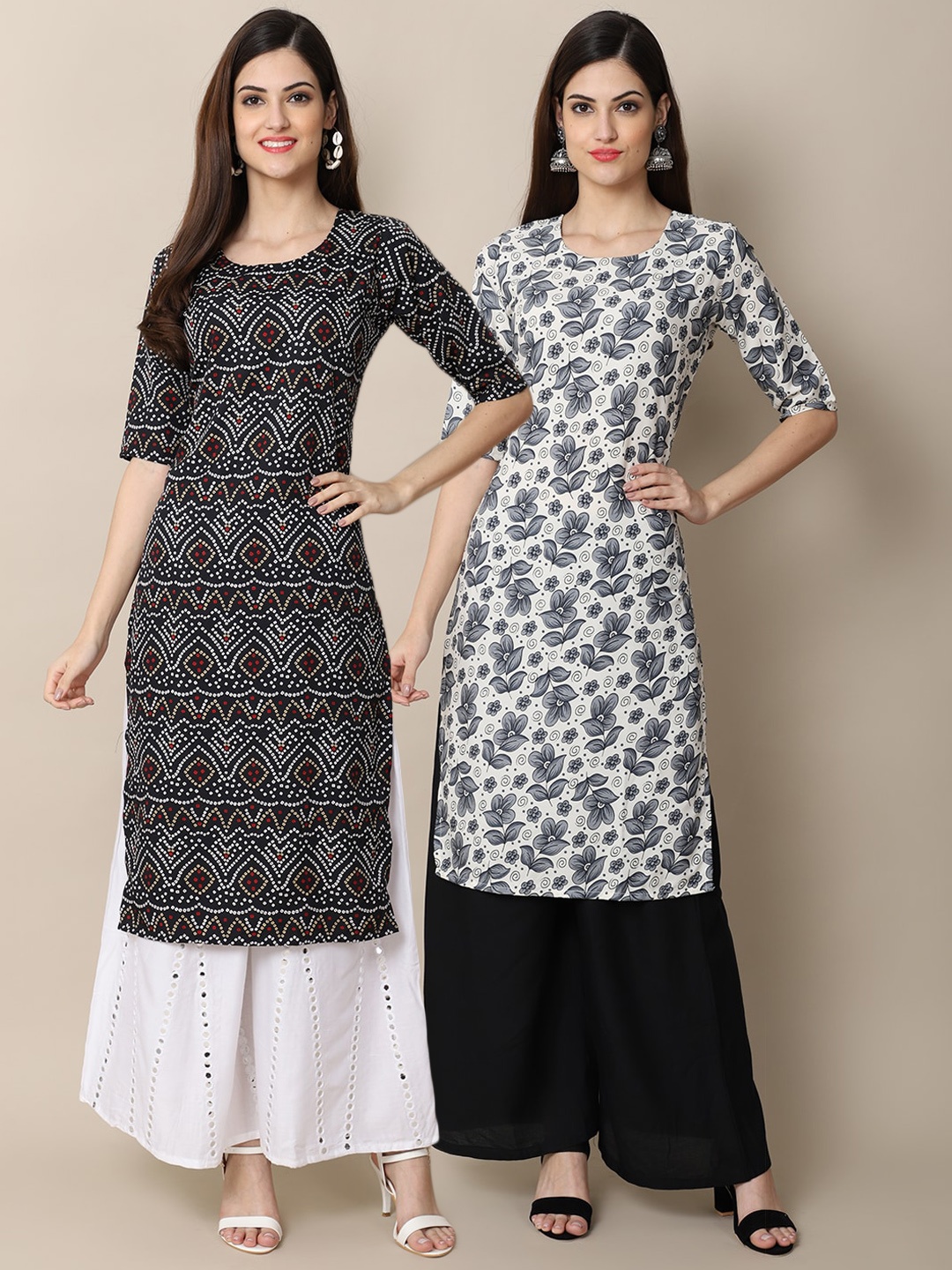 Ethnic basket Women Pack Of 2 Black & Grey Ethnic Motifs Printed Crepe Kurtas