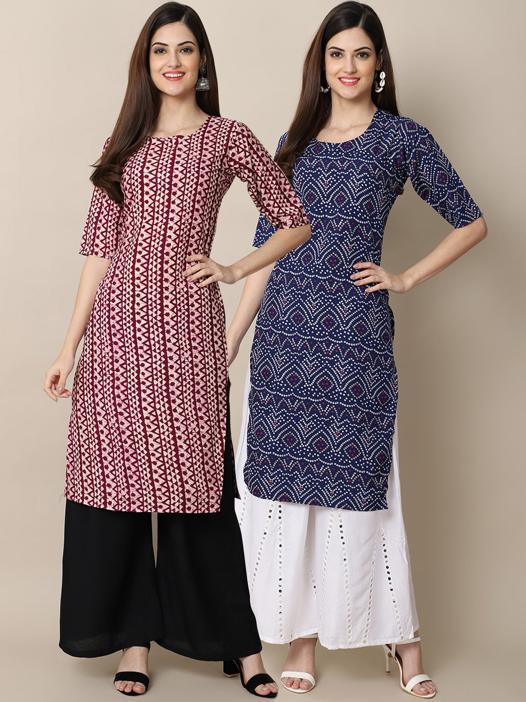 

Ethnic basket Women Pack Of 2 Maroon & Blue Ethnic Motifs Printed Crepe Kurtas