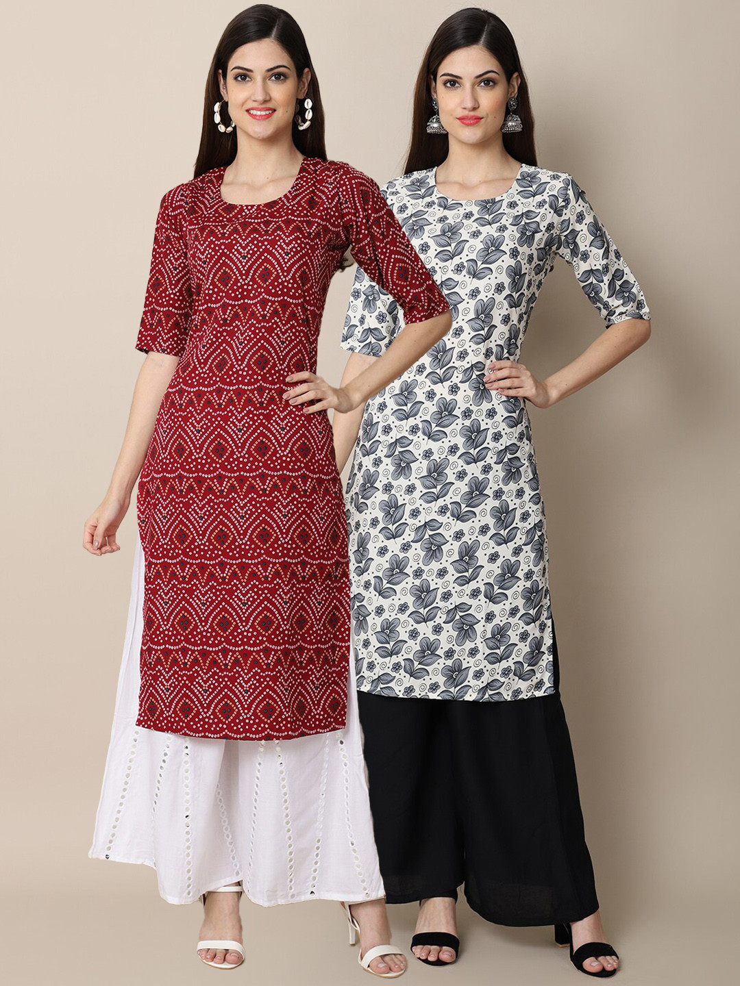 

Ethnic basket Women Pack Of 2 Maroon & White Ethnic Motifs Printed Crepe Kurtas
