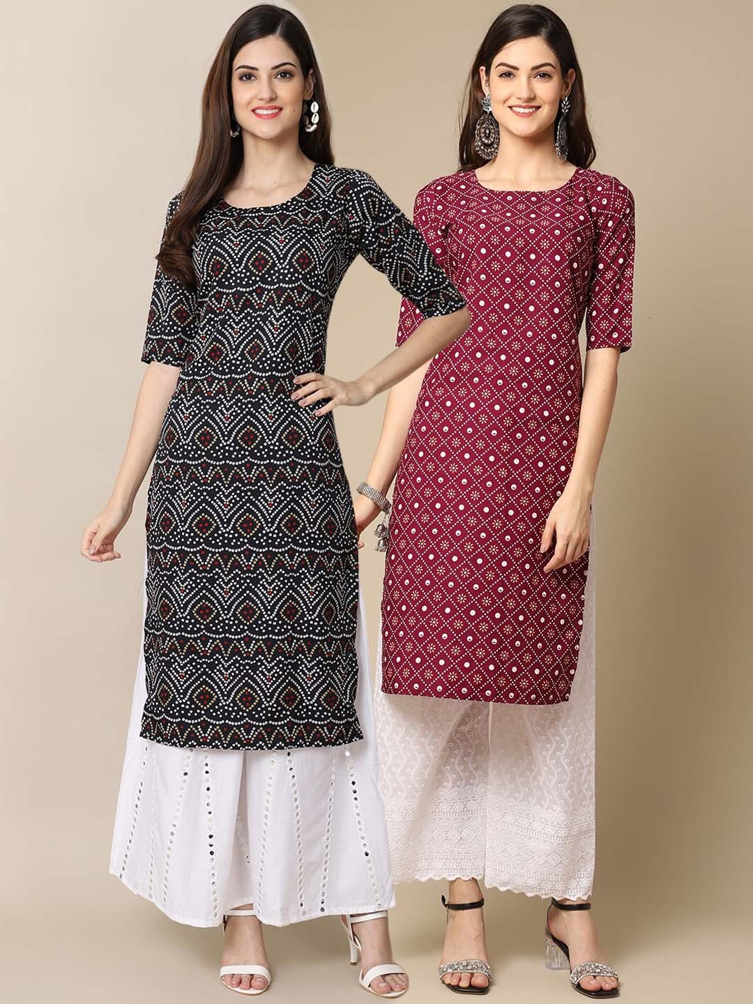 Ethnic basket Women Pack Of 2 Grey & Maroon Ethnic Motifs Printed Crepe Kurtas