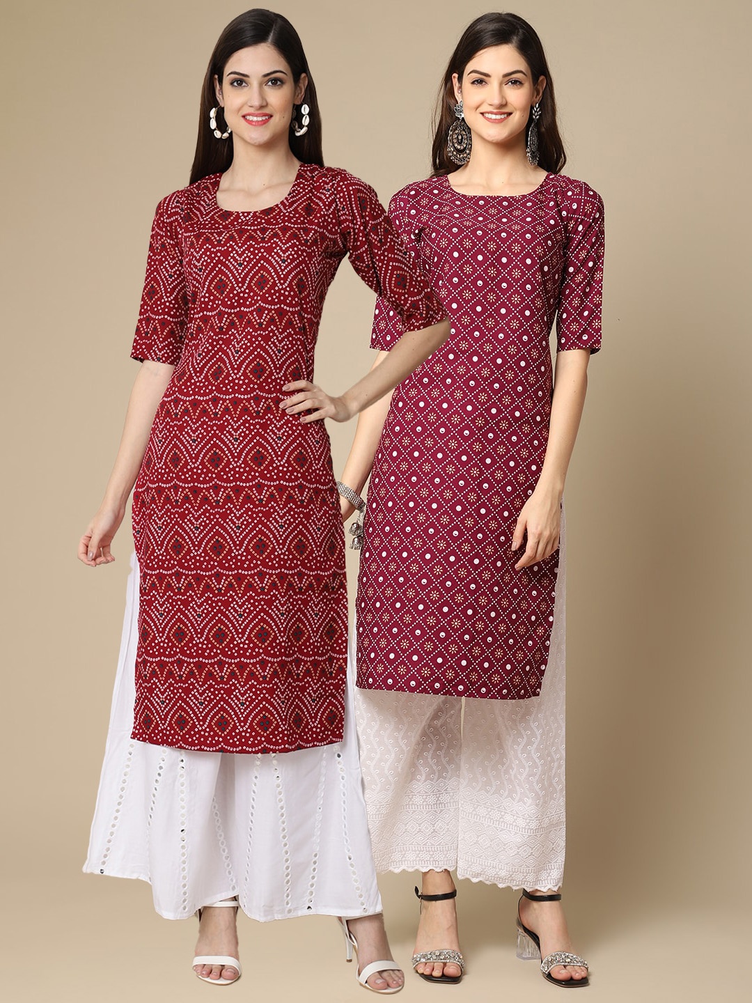 

Ethnic basket Women Pack Of 2 Maroon & White Ethnic Motifs Printed Crepe Kurtas