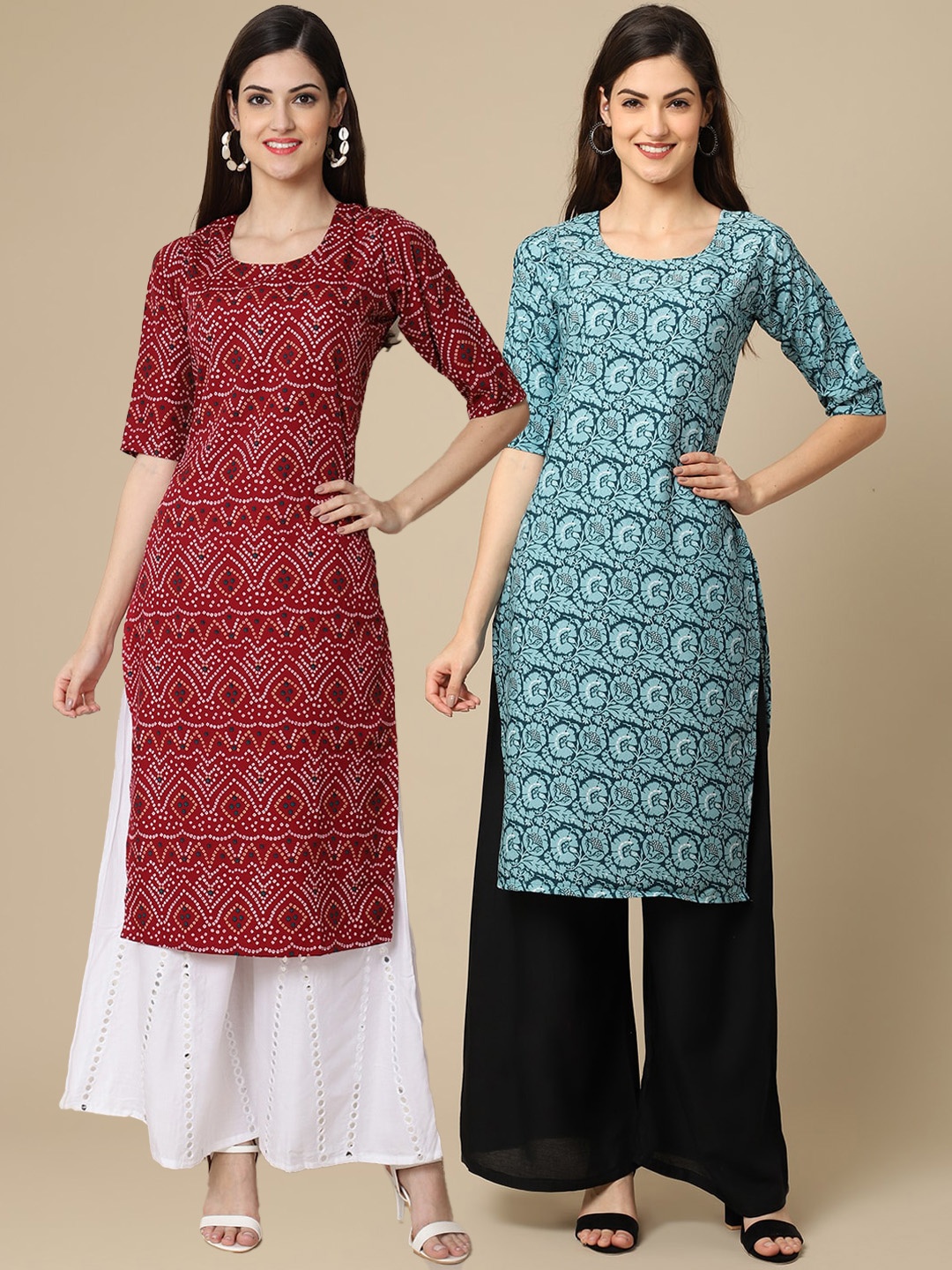 

Ethnic basket Women Blue & Brown Block Print Crepe Kurta Pack of 2